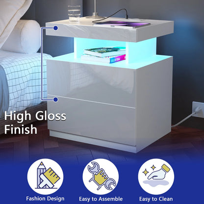 Hommpa LED Nightstand with Wireless Charging Station Modern Nightstand Type C USB Port 2 Drawers Bedside Table Black Smart Night Table High Gloss End Side Table for Bedroom Furniture 22.3" Tall