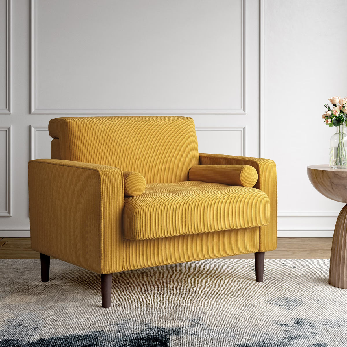 UIXE Corduroy Accent Chair Modern Upholstered Arm Chairs Comfy Reading Armchair with Pillow Armrest Tufted Living Room Single Sofa Lounge Seat, Yellow