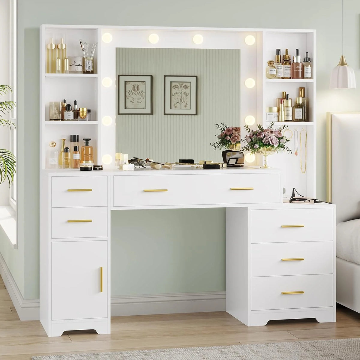 Makeup Vanity Desk with Lighted Mirror & Charging Stations & 6 Drawers Large Vanity Table Bedroom Dressing Table with Glass Tabletop&Side Cabinet&Glass Tabletop, Black