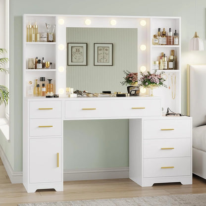 Makeup Vanity Desk with Lighted Mirror & Charging Stations & 6 Drawers Large Vanity Table Bedroom Dressing Table with Glass Tabletop&Side Cabinet&Glass Tabletop, Black