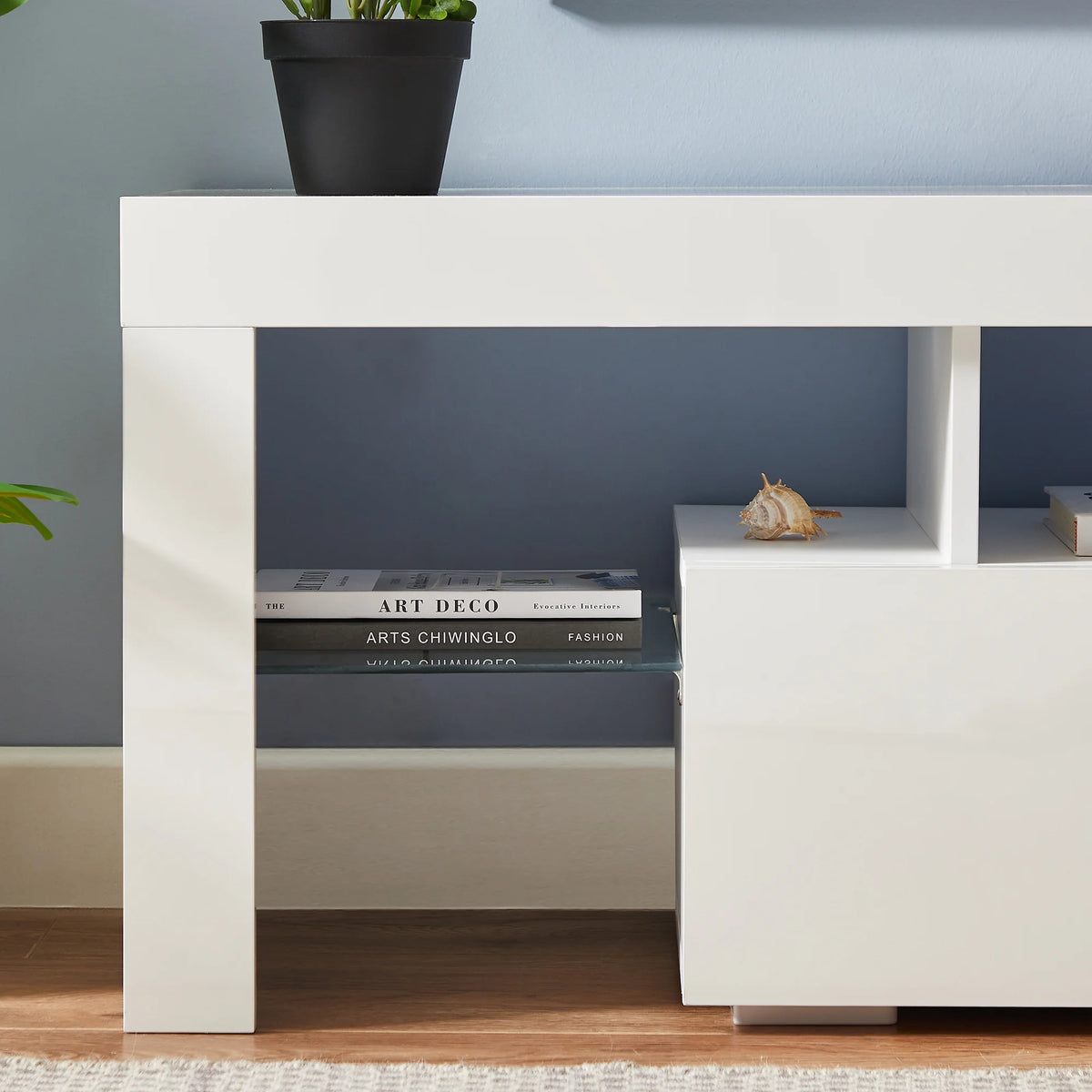 UHOMEPRO TV Stand for TV up to 70", Living Room Entertainment Center with RGB LED Lights and Storage Shelves Furniture, White High Gloss TV Cabinet Console Table