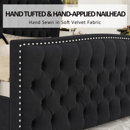 VANACC Queen Size Bed Frame, Velvet Upholstered Bed with Deep Button Tufted Wingback Headboard��Grey