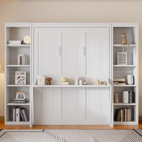 Queen Size Murphy Bed with Desk and Bookshelf(White)