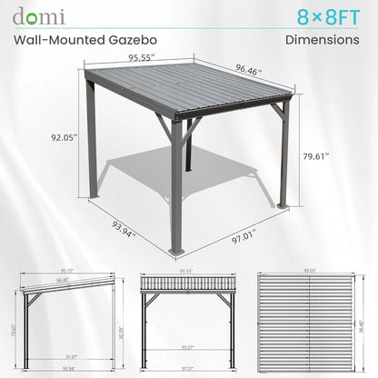 Domi 8x8FT Lean to Gazebo, Outdoor Hardtop Wall Mounted Gazebo with Sloping Galvanized Steel Roof, Upgraded Heavy Duty Mounted Shelter with Drainage System for Deck, Porch, Backyard