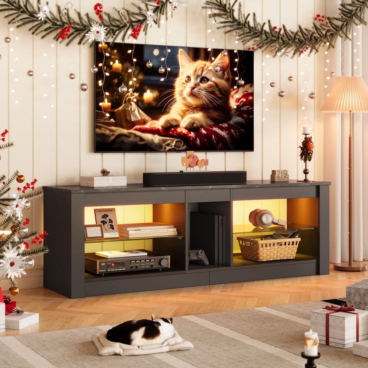 Bestier Entertainment Center with LED Lights TV Stand Media Console Table for TVs up to 60" in Light Grey