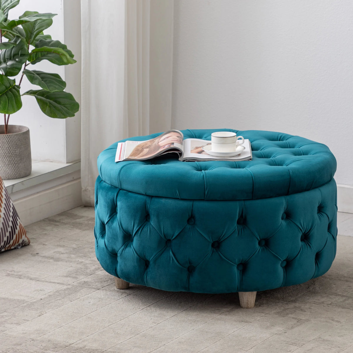 WestinTrends Wordford Round Velvet Tufted Storage Ottoman, Velvet Navy Blue