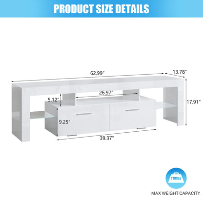 PAPROOS TV Stand for TVs up to 70", High Gloss TV Cabinet with LED Light, Modern TV Console Table with Storage Drawers, Media Television Stand Entertainment Center, White