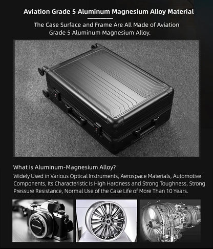 All Aluminum Magnesium Hardshell Carry on Luggage with Wheels, Modern Zipperless Hardshell Checked Luggage with TSA Lock, Airline Approved Metal Suitcase Travel Metal Rolling Luggage