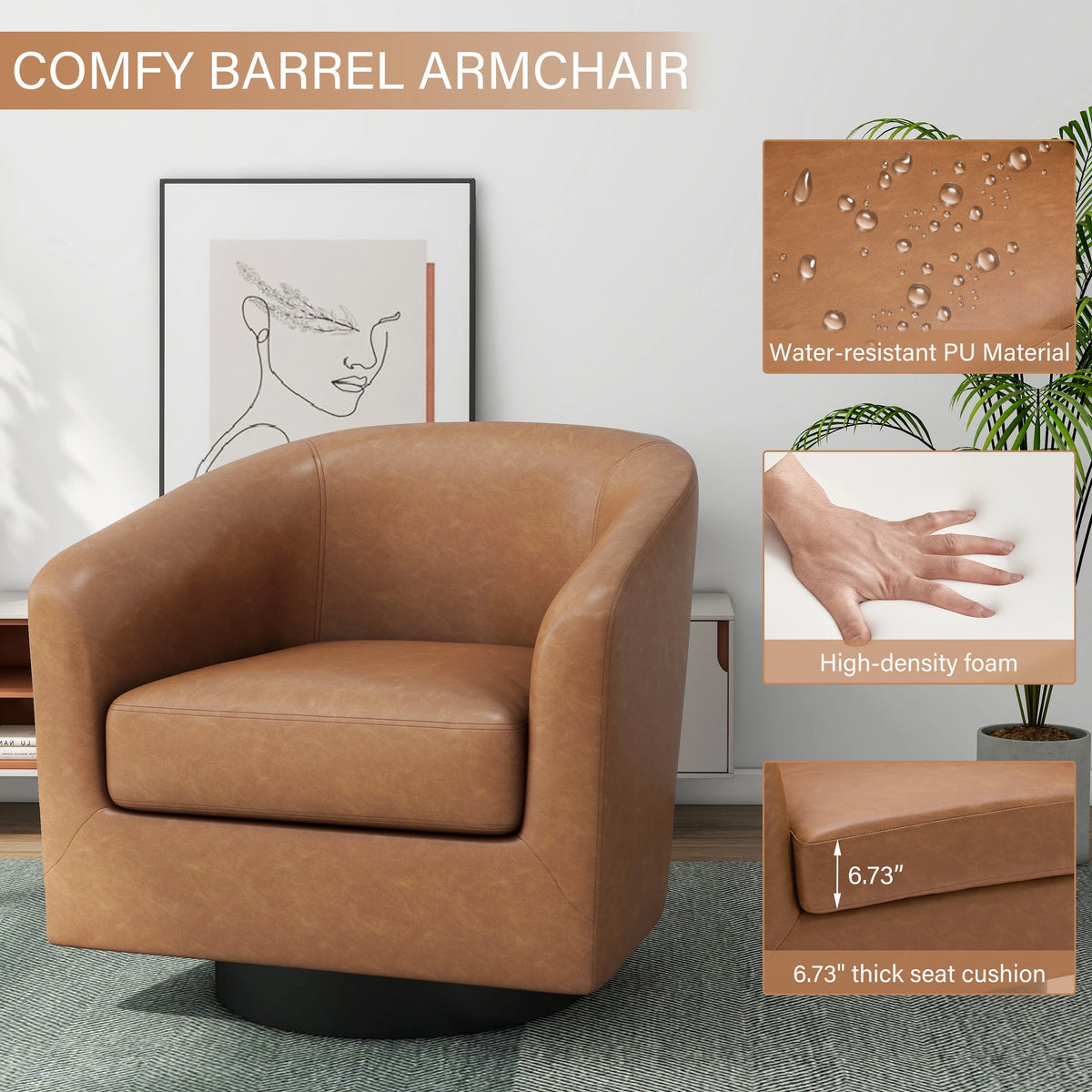 DREAMSIDEA Swivel Barrel Accent Chair for Living Room, Modern Upholstered Round Club Armchair-Cream