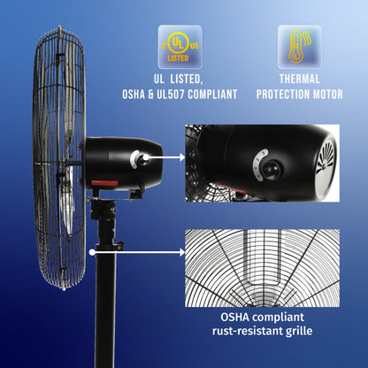 Tornado - 20 Inch High Velocity Metal Oscillating Pedestal Fan - Commercial, Industrial Use Water-Resistant
