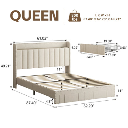 Lijimei Queen Bed Frame With Headboard And Storage, Platform Bed Frame Full Size With 2 Drawers, Upholstered Full Size Bed Frame With Storage, Built-in Charging Station, Beige