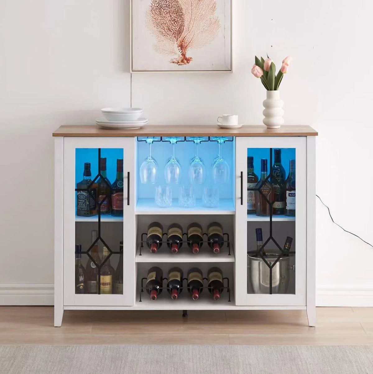 Faitaliicy Wine Bar Cabinet With Led Light Wine And Glass Rack Kitchen Buffet Sideboard Industry Coffee Bar Cabinet Freestanding Liquor Cabinet For Kitchen Dining Room Living Room