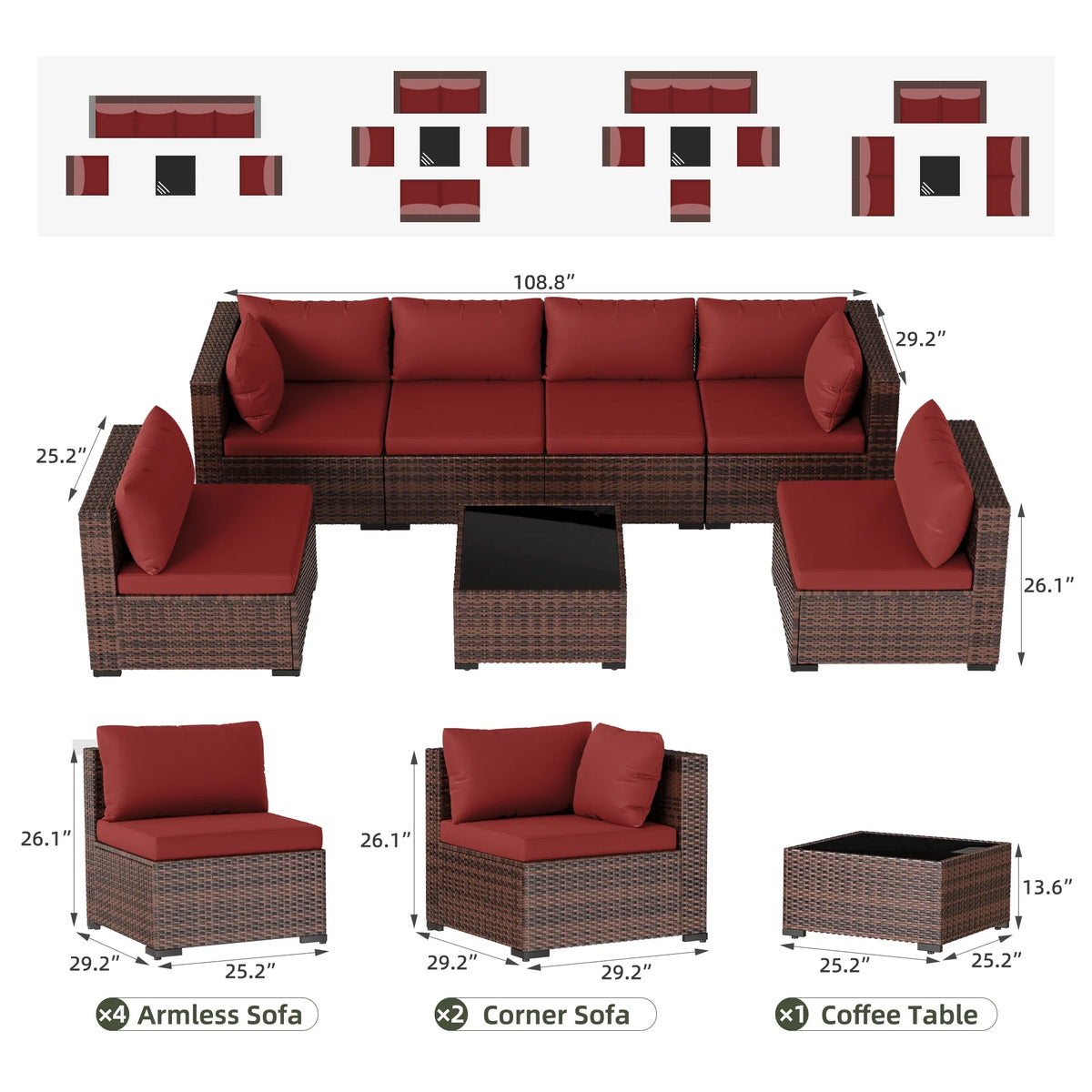 7 Pieces Patio Conversation Set, Outdoor Sectional PE Rattan Wicker Furniture Seat,Dark Gray