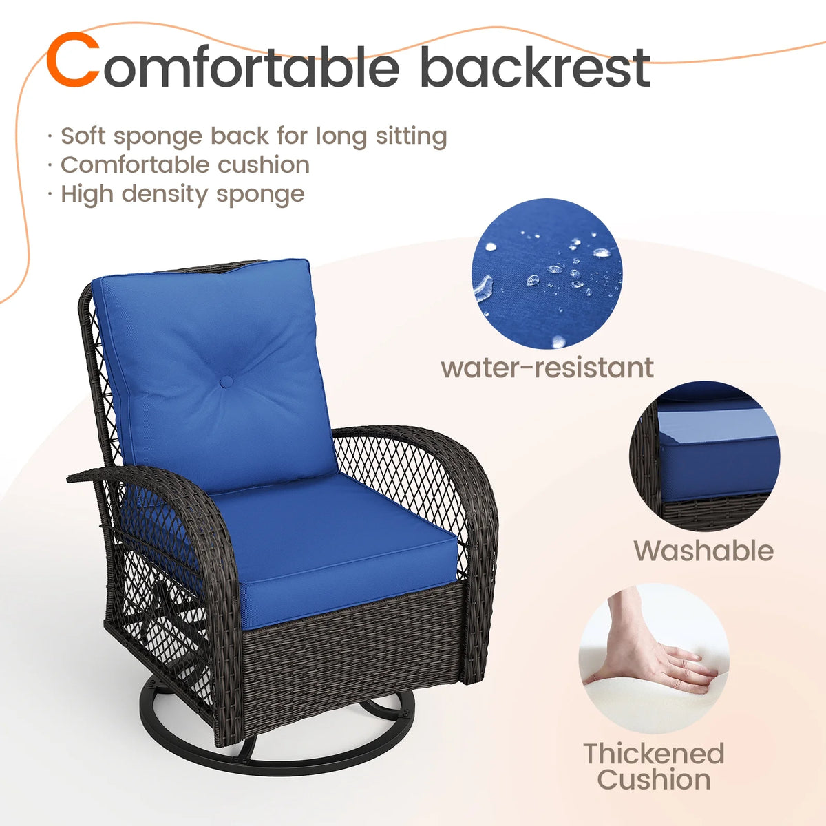 MRUAKA 3 Pieces Patio Furniture Set, Outdoor Swivel Gliders Rocker, Wicker Patio Bistro Set with Rattan Rocking Chair, Glass Top Side Table and Thickened Cushions (Khaki)