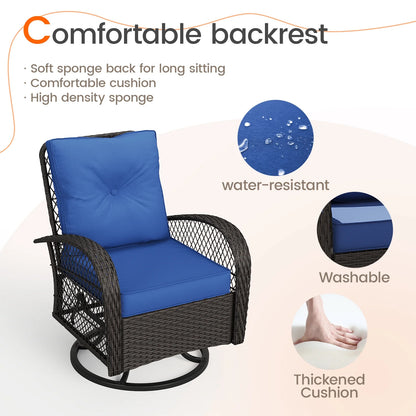 MRUAKA 3 Pieces Patio Furniture Set, Outdoor Swivel Gliders Rocker, Wicker Patio Bistro Set with Rattan Rocking Chair, Glass Top Side Table and Thickened Cushions (Khaki)