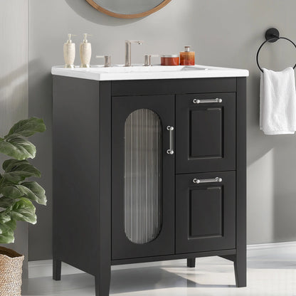 Soges 24" Bathroom Vanity with Ceramic Sink, Solid Wood Bathroom Makeup Cabinet with Door, Adjustable Shelf and 2 Drawer, Free Standing Single Basin Vanity Set for Small Bathroom, White