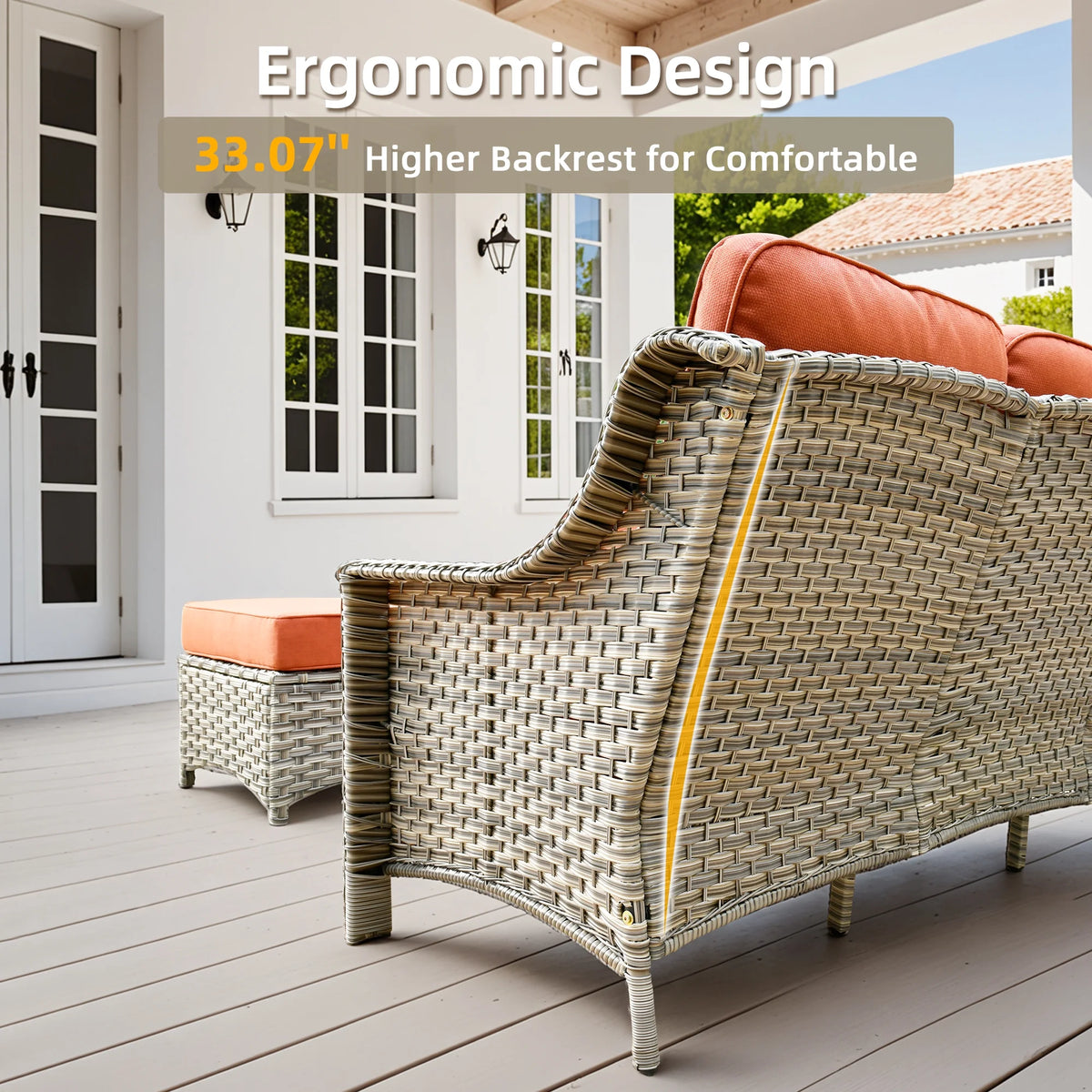 Ovios Outdoor Patio Sofa 3-Seater with Cushions All-Weather Wicker Rattan Couch for Garden, Porch, or Backyard