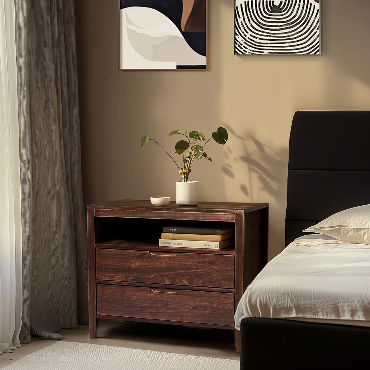 UBesGoo Nightstand 2 Drawer Dresser Side Table, Soild wood & MDF with Solid Wood Veneer, Brown