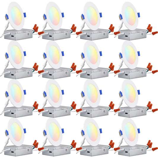 16 Pack 4" 5CCT Dimmable LED Recessed Light with J-Box, 2700K/3000K/3500K/4000K/5000K Selectable, 10W LED Downlight, Aluminum