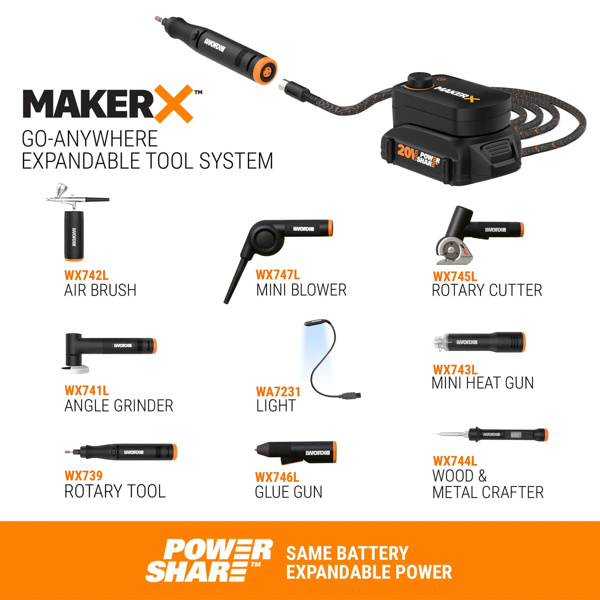 Worx MakerX WX996L 6 Tool Kit: Rotary Tool, Wood & Metal Crafter, Air Brush, Hot Air Blower, Grinder and LED Flex Light in Carry Bag