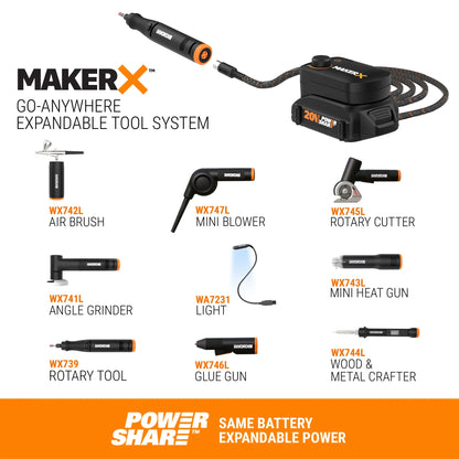 Worx MakerX WX996L 6 Tool Kit: Rotary Tool, Wood & Metal Crafter, Air Brush, Hot Air Blower, Grinder and LED Flex Light in Carry Bag