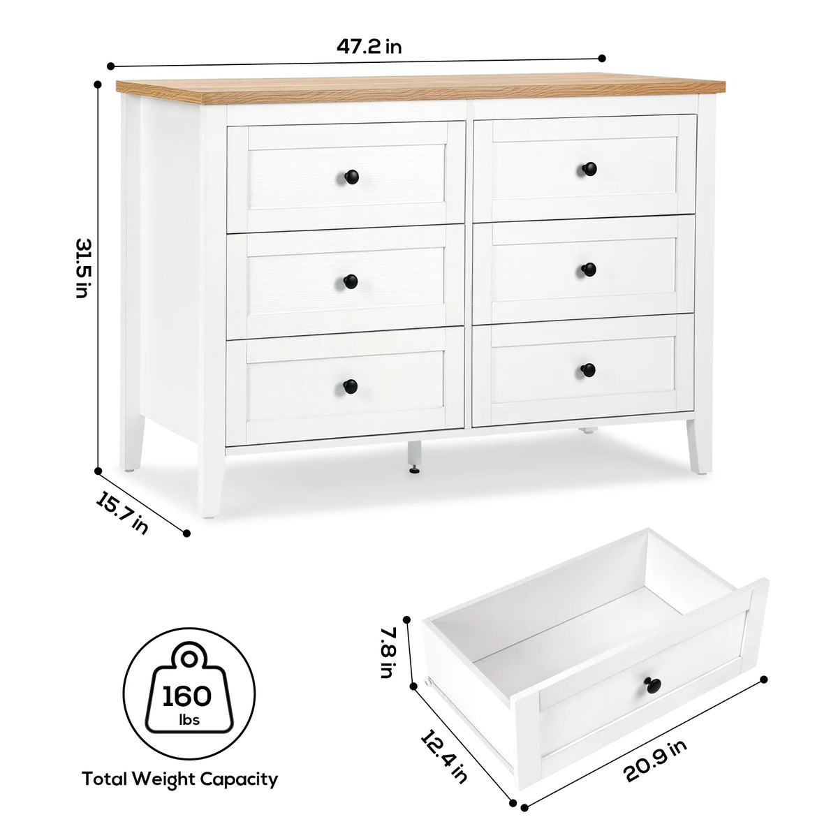 RichYa 6 Drawer Dresser for Bedroom,Chest of Drawers with Metal Knobs,Dresser for Closet,White