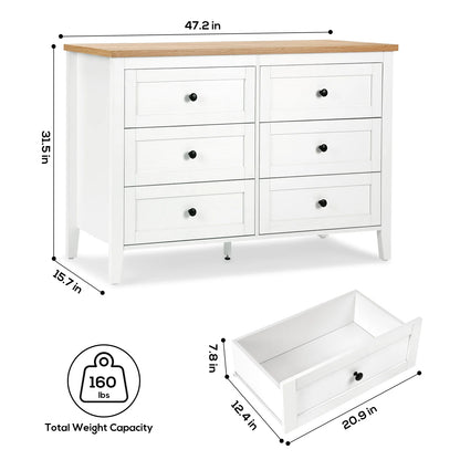 RichYa 6 Drawer Dresser for Bedroom,Chest of Drawers with Metal Knobs,Dresser for Closet,White