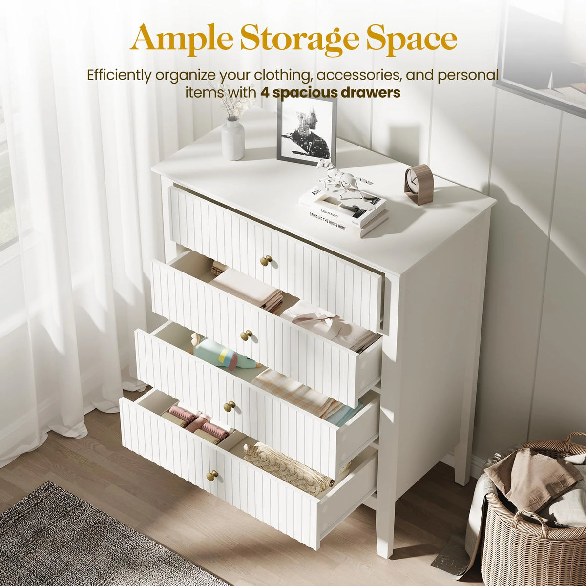 Heynemo Beige 6 Drawer Dresser, Fluted Modern Wood Chest
