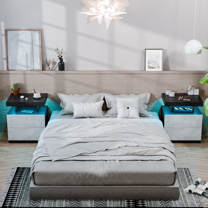 Hommpa LED Nightstand with Wireless Charging Station Modern Nightstand Type C USB Port 2 Drawers Bedside Table Black Smart Night Table High Gloss End Side Table for Bedroom Furniture 22.3" Tall