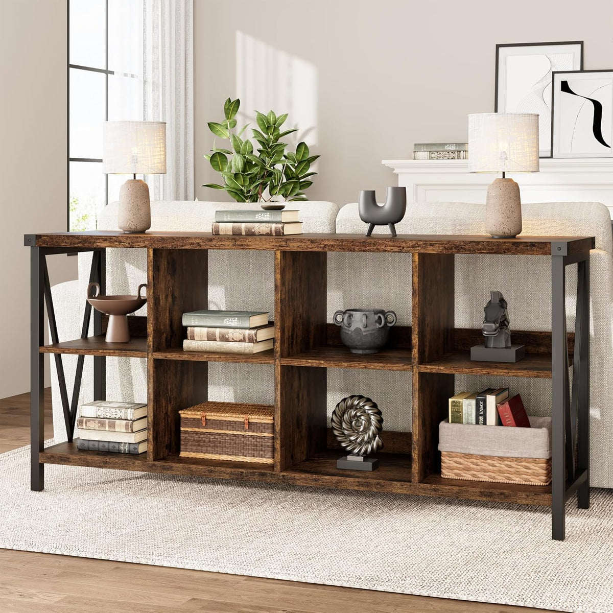 WALYWIK 8 Cube Storage Organizer Bookshelf, 3 Tier Metal Horizontal Bookcase, 62 Inch Console Bookshelfs, Industrial Storage Bookcase for Entryway, Long Low Book Shelf for Living Room-Grey