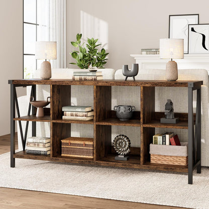 WALYWIK 8 Cube Storage Organizer Bookshelf, 3 Tier Metal Horizontal Bookcase, 62 Inch Console Bookshelfs, Industrial Storage Bookcase for Entryway, Long Low Book Shelf for Living Room-Grey