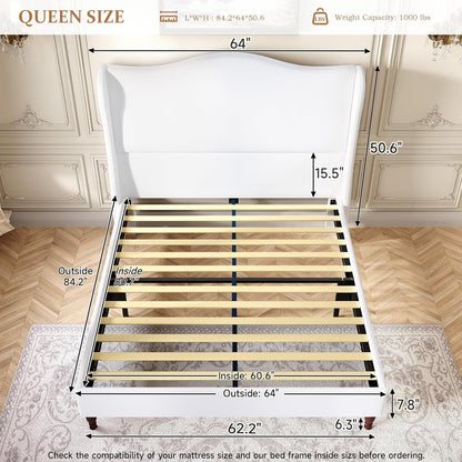 Neche Queen Upholstered Bed Frame with 51" Tall Headboard Classic Curved Wingback Platform Bed with Soft Fabric, Retro Simple Sleigh Bedframe No Box Spring Needed/Easy Assembly, White