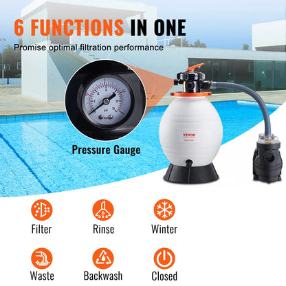 VEVOR Sand Filter Pump for Above Ground Pools, 16-inch, 3500 GPH,1 HP Swimming Pool Pumps System & Filters Combo Set with 6-Way Multi-Port Valve and Strainer Basket,for Domestic and Commercial Pools