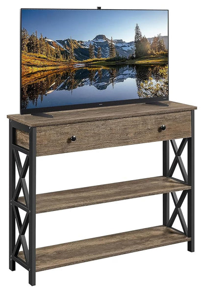TV Stand, Entertainment Center with Drawer, Media Console Table for TV up to 45 inch, TV Console Table with Open Storage Shelves for Living Room/Hallway, Metal Frame, Taupe Wood
