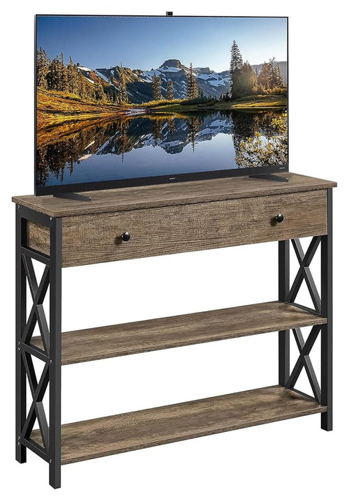 TV Stand, Entertainment Center with Drawer, Media Console Table for TV up to 45 inch, TV Console Table with Open Storage Shelves for Living Room/Hallway, Metal Frame, Taupe Wood