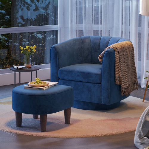 LINSY HOME Swivel Accent Chair with Ottoman, Velvet Barrel Chair for Living Room, Blue