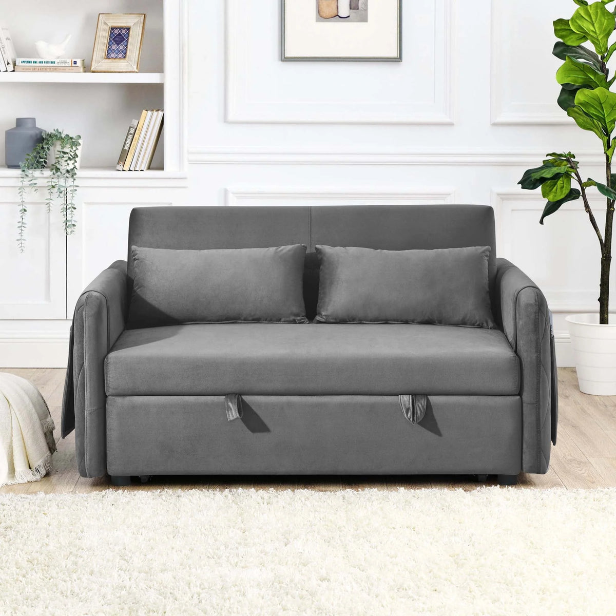 Momspeace 55" Modern Velvet Pull Out Sofa Bed Loveseat Lounge Chaise,Sleeper Sofa Bed with Adjustable Backrest 2 Detachable Arm Pockets - Gray