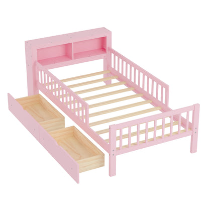 Euroco Wood Twin Size Platform Bed with Storage Headboard and Drawers, Low Profile Bed with Guardrails for Kids and Toddlers, White