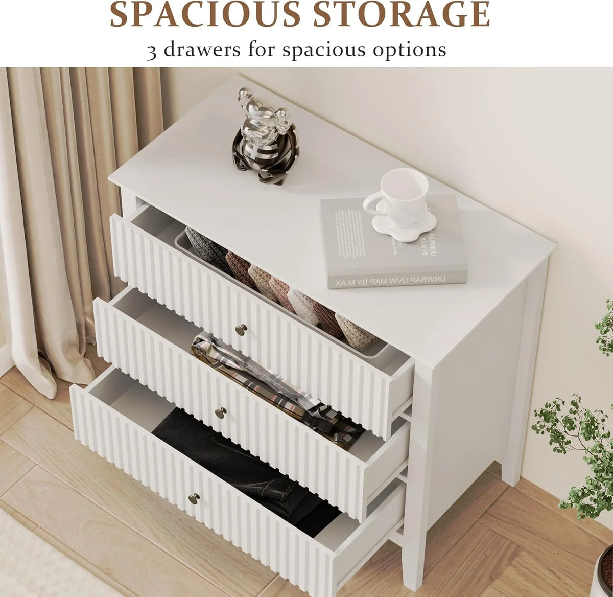 Heynemo Beige 6 Drawer Dresser, Fluted Modern Wood Chest