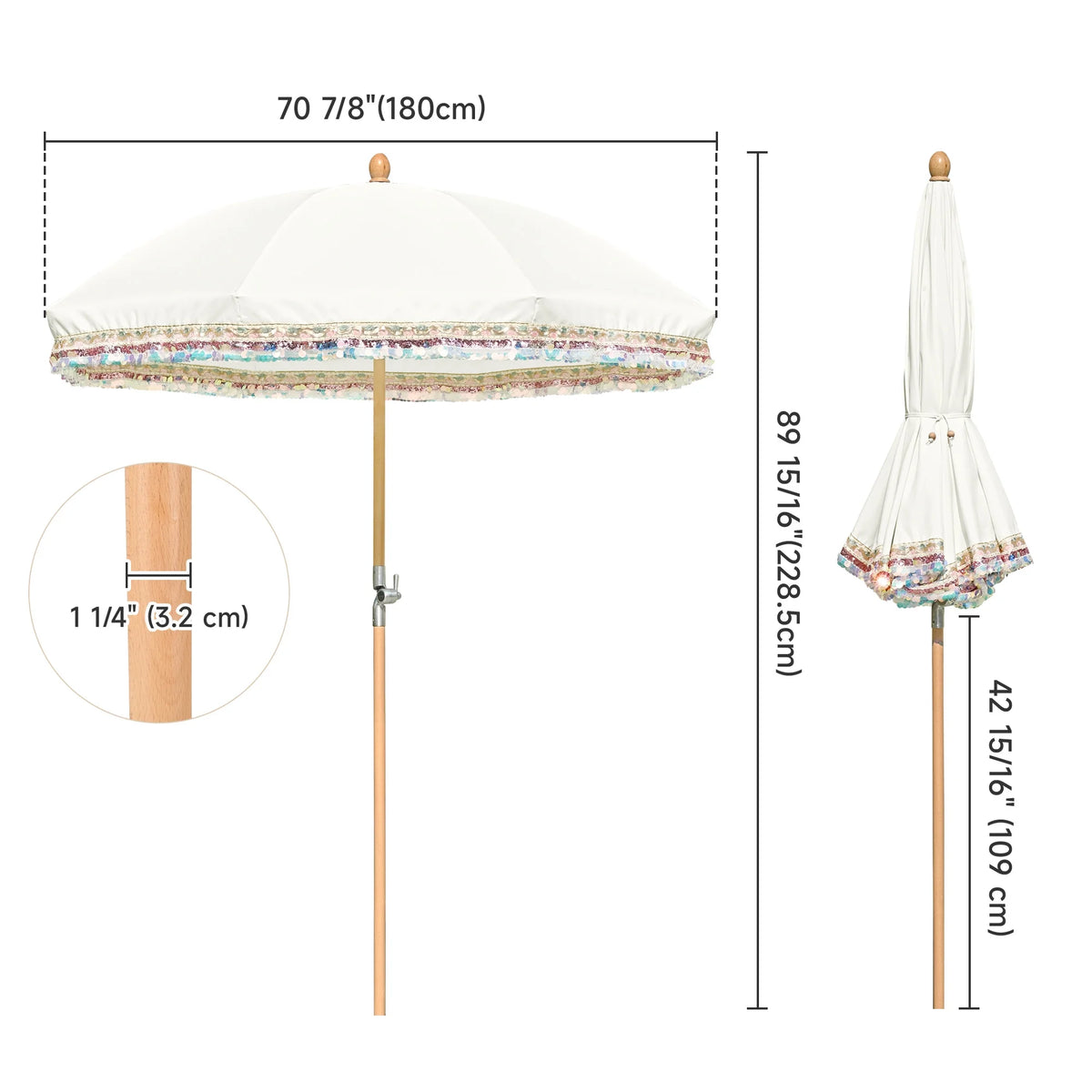 LAGarden 6 Ft Fringe Patio Umbrella with Tassel Jazz Age Wood UPF50+ for Outdoor, Beige with gold tassel,Model: JZ6-01