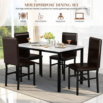 AWQM Dining Table Set of 4, Faux Marble 5 Piece Dining Room Table Set with PU Leather Chairs, Rectangular Kitchen Table Set for Apartment, Dining, White
