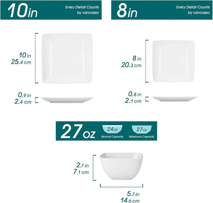 Dinnerware Sets 12 Pieces, Stoneware Square Place Setting, Dinner Plate, Dessert Plate, Bowls Service for 4