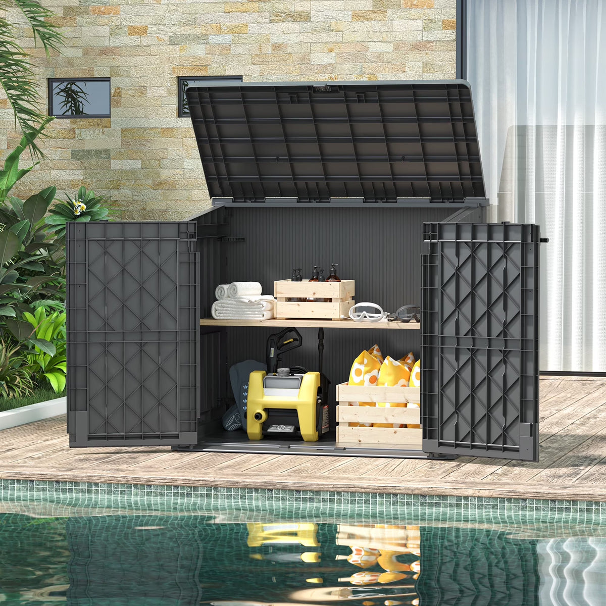 LHBCraft Outdoor Resin Storage Shed, 34 Cu. Ft. Weather-Resistant Garden Storage Box, Extra-Large Lockable Waterproof Shed for Bikes, Lawnmowers, and Garden Tools