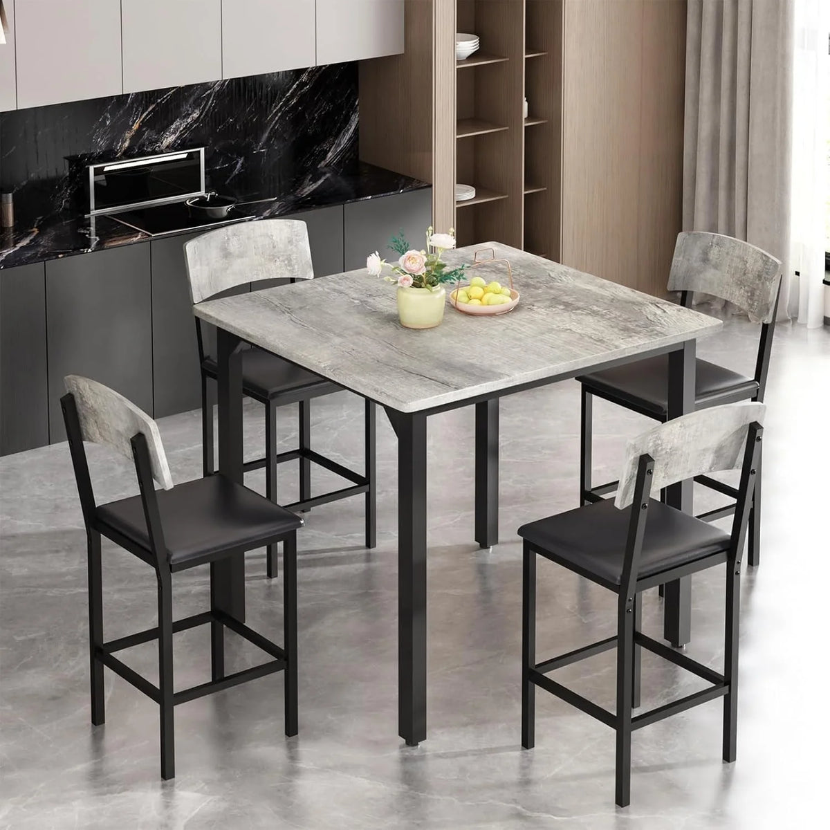 Lamerge 4 Person Dining Table Set, Solid Wood Dining Table with 4 Upholstered Leather Chairs, Modern Kitchen Dining Room Dining Table Set for Small Spaces, Apartments, Kitchens, Dining Rooms. White