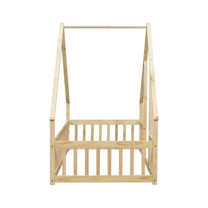 Bellemave Twin Size Floor Bed Frame, Wooden House Bed Twin Size with Fence, Montessori Bed with Guardrails for Bedroom (White)