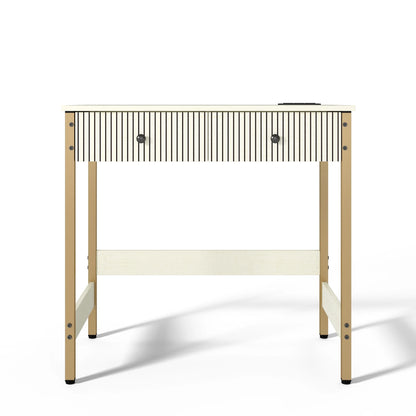 Manxile Fluted Computer Desk with USB Ports & Power Outlet, Modern White Study Table with Drawers