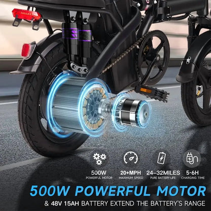 Folding Electric Bike for Adults,500W 20MPH 32Miles,48V 15AH Removable Battery,Small City Commuting E-bike with Full Suspension, LCD Display