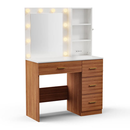 Makeup Vanity with Mirror and 3 Color Lights,Vanity Dressing Table with USB Charging Station,4 Drawers,Open Storage Shelves,White