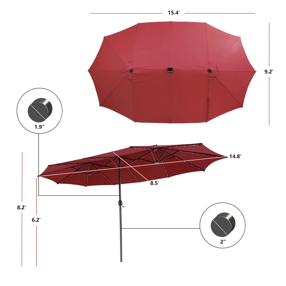 Costway 15FT Twin Patio Double-Sided Umbrella 48 Solar LED Lights Crank Outdoor Beige
