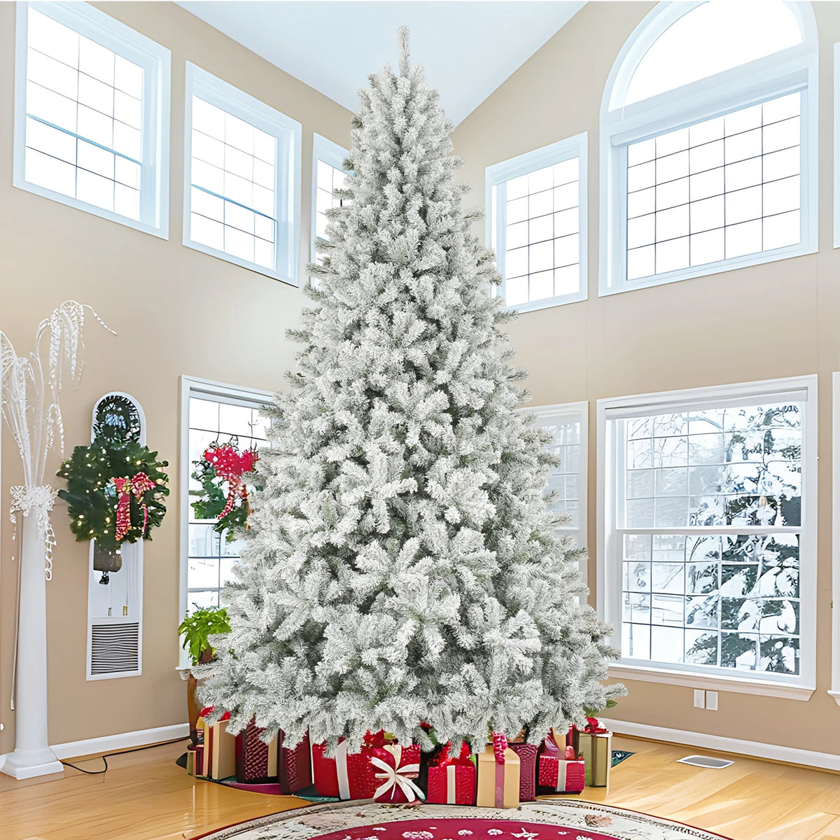 Qunler 9ft Snow Flocked Christmas Tree with 2028 Tips, Artificial Snowy Xmas Pine Tree with Reinforced Metal Base for Home Office Party Holiday Decorations ,White(NO Light)